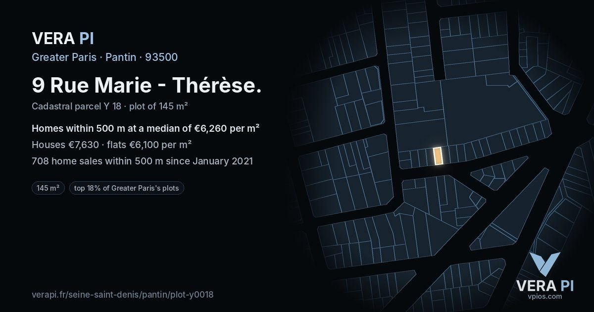 9 Rue Marie - Thérèse, Pantin at night – the plot lit, the parcels around coloured by the prices near them