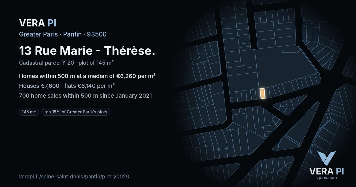 13 Rue Marie - Thérèse, Pantin at night – the plot lit, the parcels around coloured by the prices near them