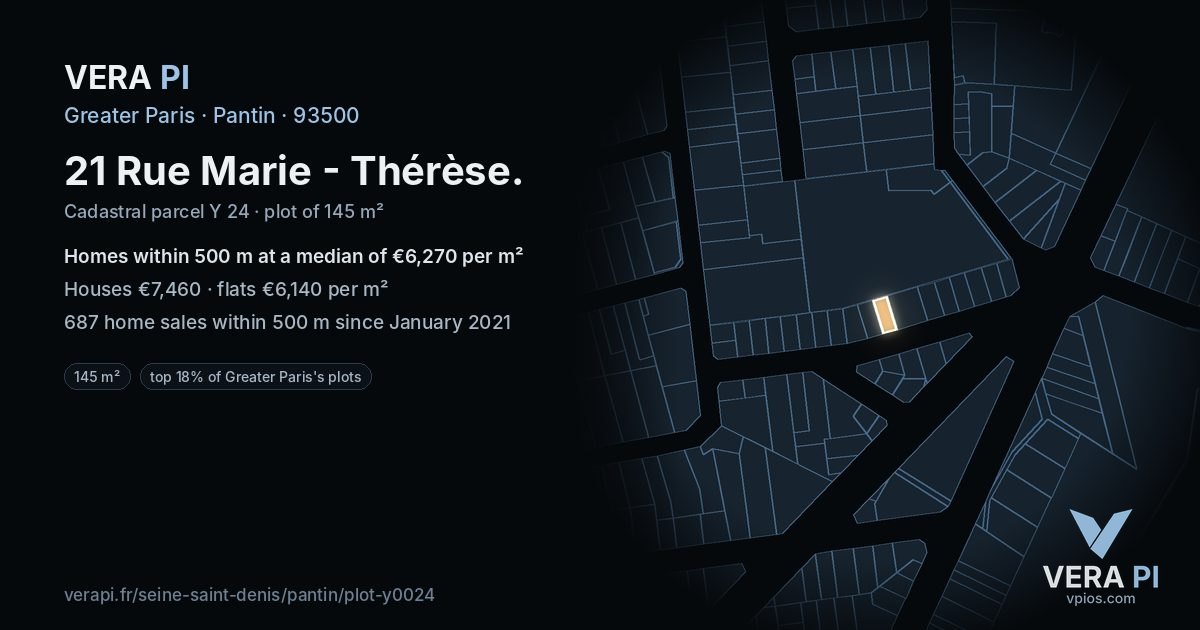 21 Rue Marie - Thérèse, Pantin at night – the plot lit, the parcels around coloured by the prices near them