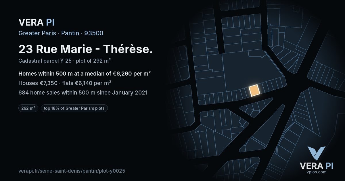 23 Rue Marie - Thérèse, Pantin at night – the plot lit, the parcels around coloured by the prices near them