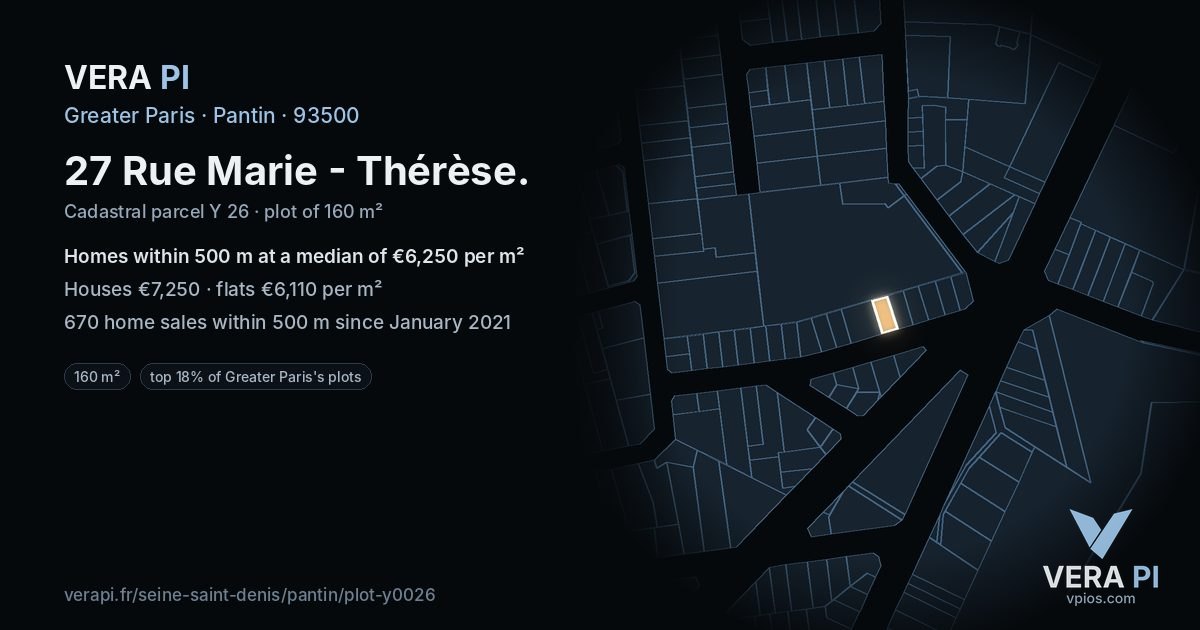 27 Rue Marie - Thérèse, Pantin at night – the plot lit, the parcels around coloured by the prices near them
