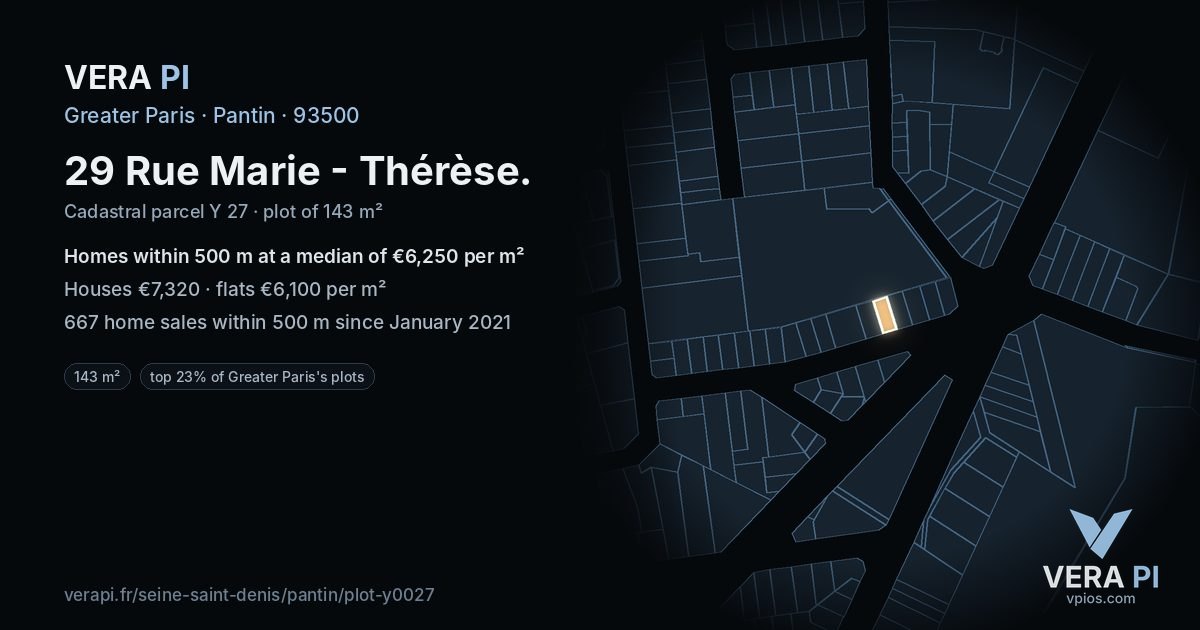 29 Rue Marie - Thérèse, Pantin at night – the plot lit, the parcels around coloured by the prices near them