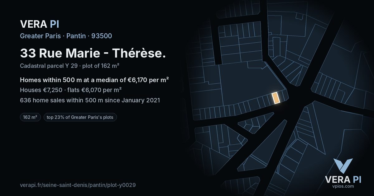 33 Rue Marie - Thérèse, Pantin at night – the plot lit, the parcels around coloured by the prices near them