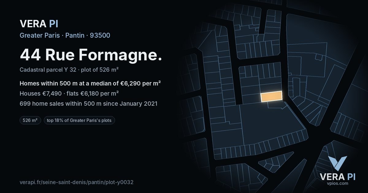 44 Rue Formagne, Pantin at night – the plot lit, the parcels around coloured by the prices near them