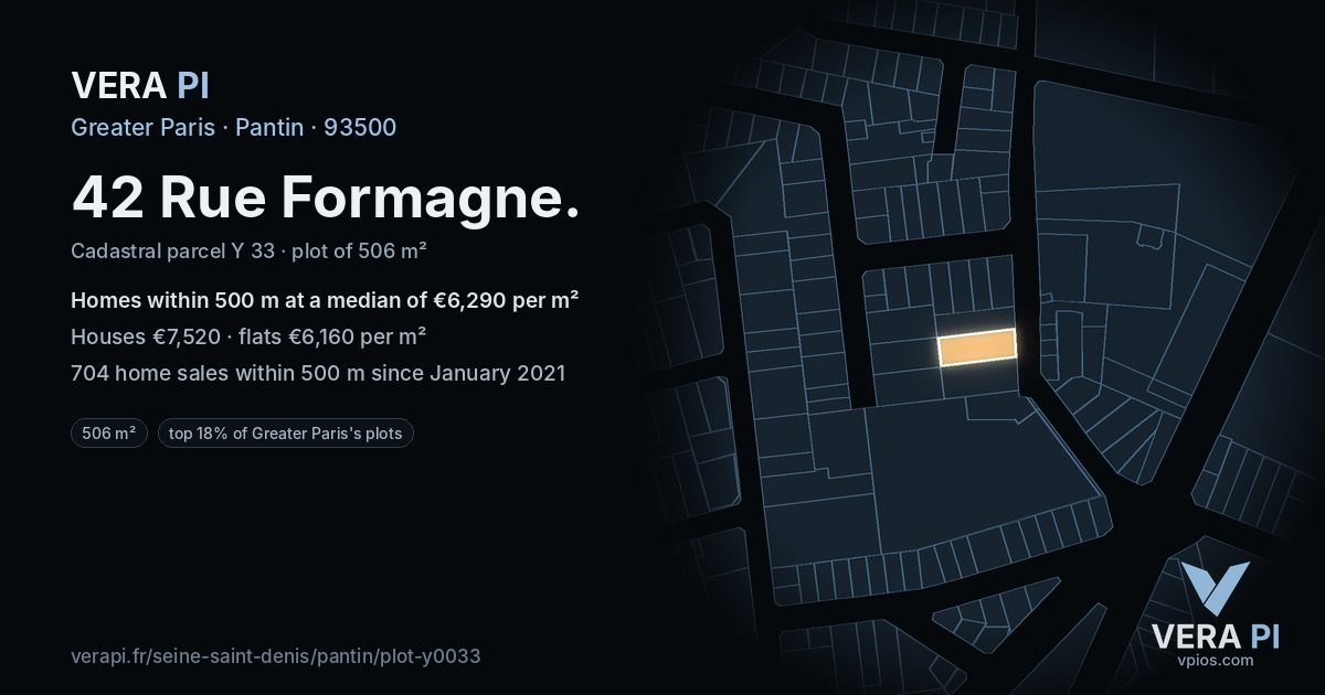42 Rue Formagne, Pantin at night – the plot lit, the parcels around coloured by the prices near them