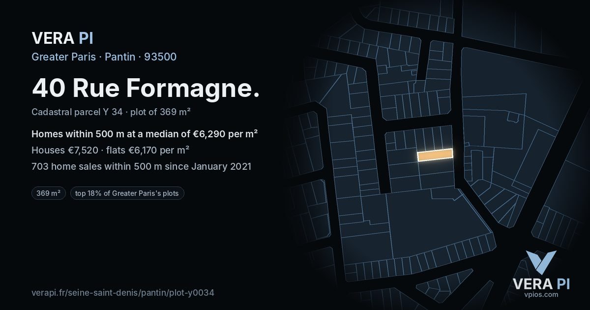 40 Rue Formagne, Pantin at night – the plot lit, the parcels around coloured by the prices near them