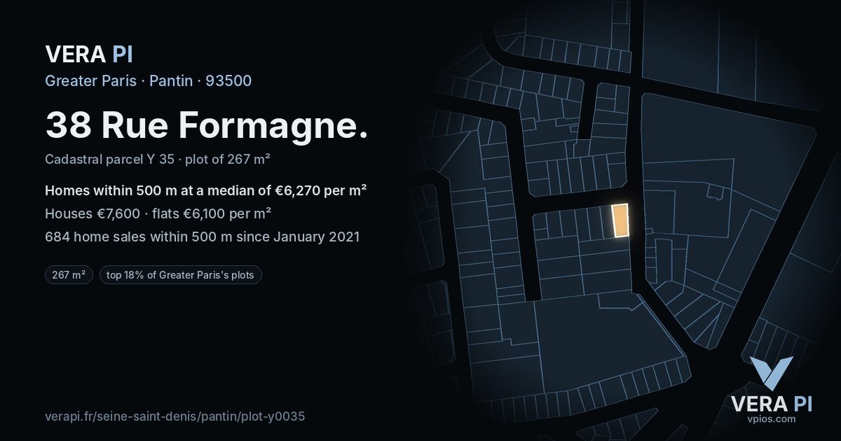 38 Rue Formagne, Pantin at night – the plot lit, the parcels around coloured by the prices near them