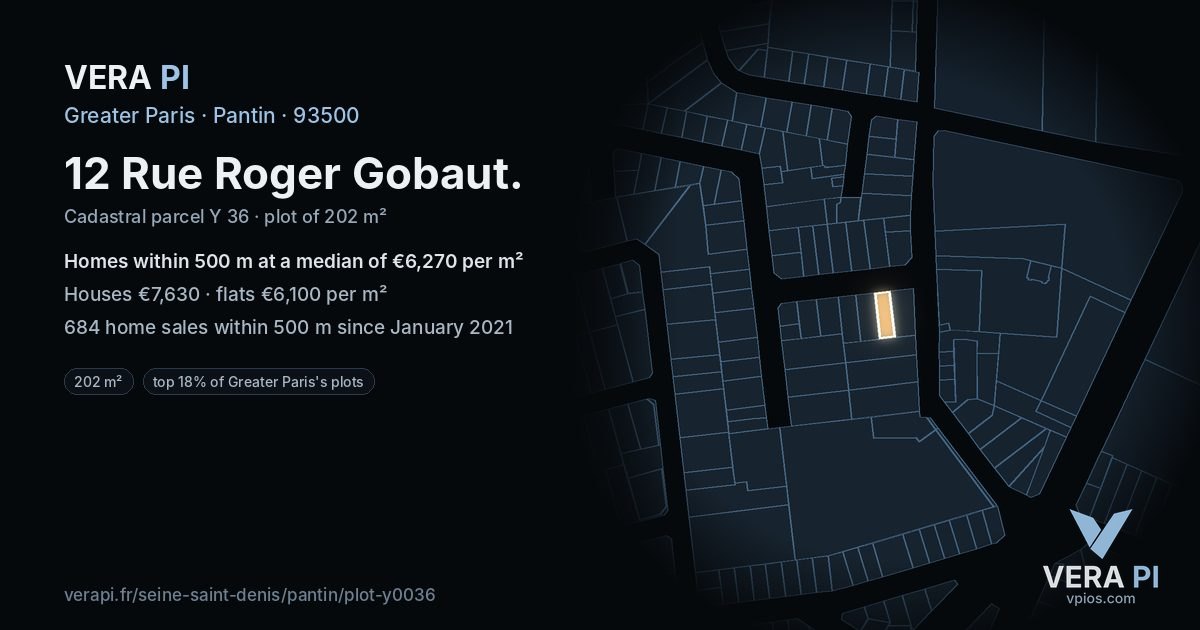12 Rue Roger Gobaut, Pantin at night – the plot lit, the parcels around coloured by the prices near them