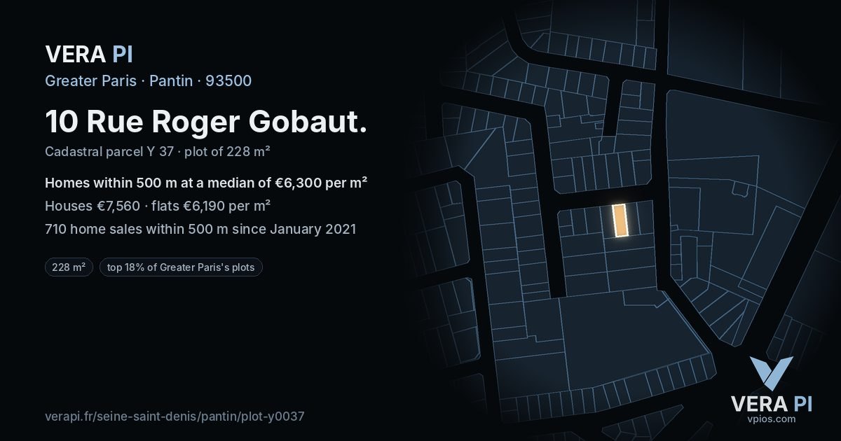 10 Rue Roger Gobaut, Pantin at night – the plot lit, the parcels around coloured by the prices near them