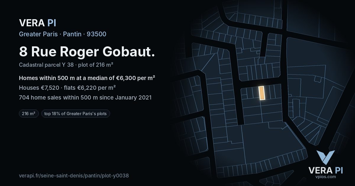 8 Rue Roger Gobaut, Pantin at night – the plot lit, the parcels around coloured by the prices near them