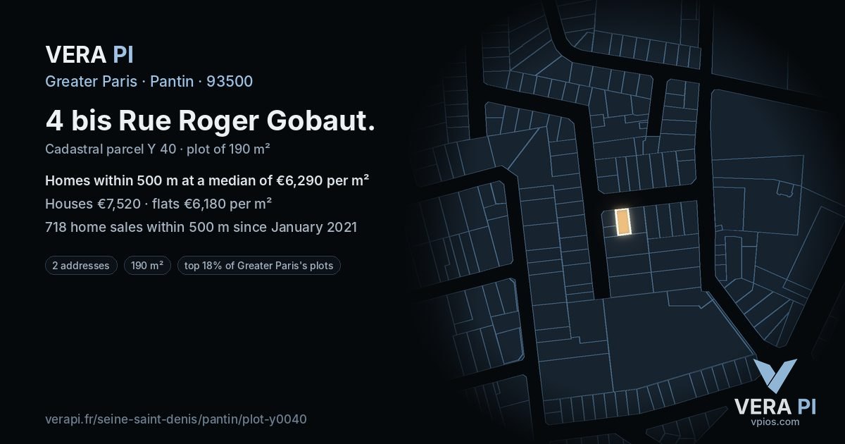 4 bis Rue Roger Gobaut, Pantin at night – the plot lit, the parcels around coloured by the prices near them