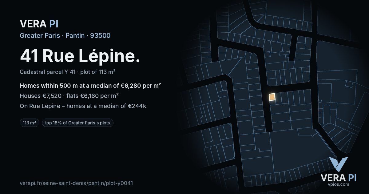 41 Rue Lépine, Pantin at night – the plot lit, the parcels around coloured by the prices near them