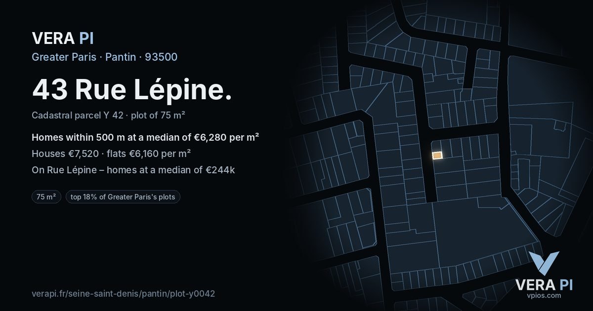 43 Rue Lépine, Pantin at night – the plot lit, the parcels around coloured by the prices near them