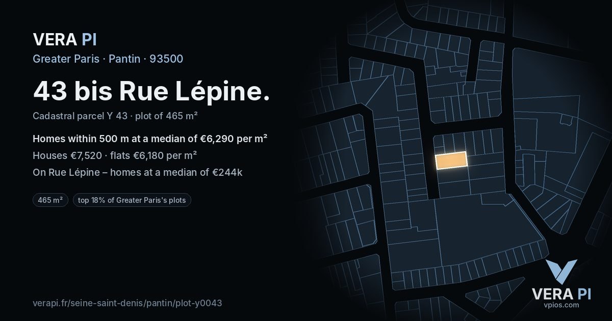 43 bis Rue Lépine, Pantin at night – the plot lit, the parcels around coloured by the prices near them