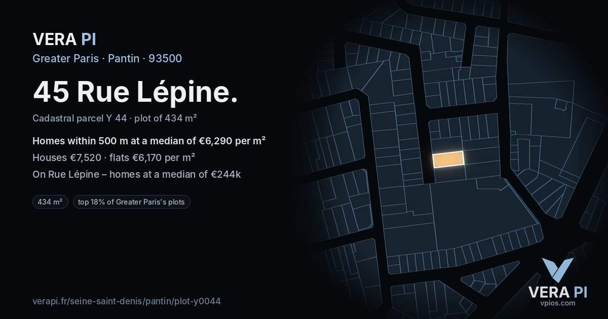 45 Rue Lépine, Pantin at night – the plot lit, the parcels around coloured by the prices near them