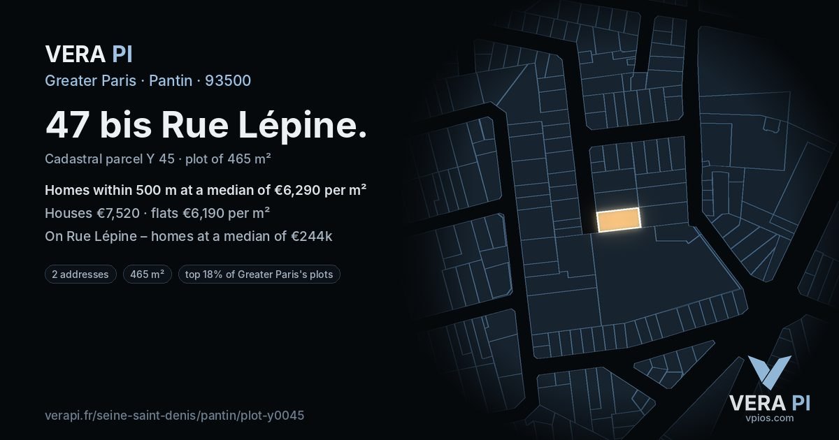 47 bis Rue Lépine, Pantin at night – the plot lit, the parcels around coloured by the prices near them