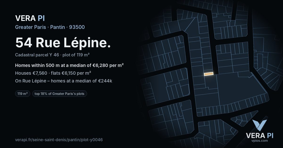 54 Rue Lépine, Pantin at night – the plot lit, the parcels around coloured by the prices near them