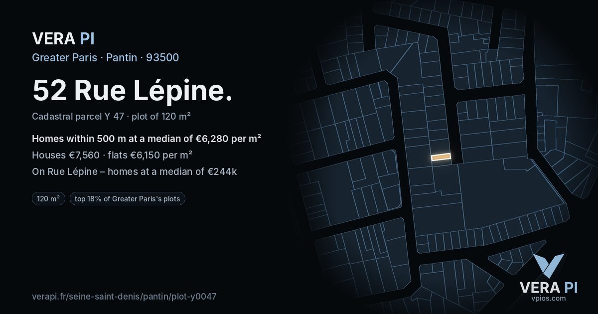 52 Rue Lépine, Pantin at night – the plot lit, the parcels around coloured by the prices near them