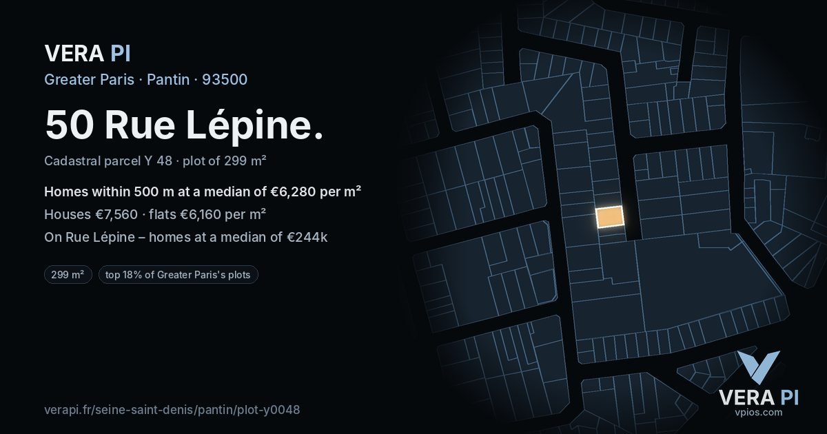 50 Rue Lépine, Pantin at night – the plot lit, the parcels around coloured by the prices near them
