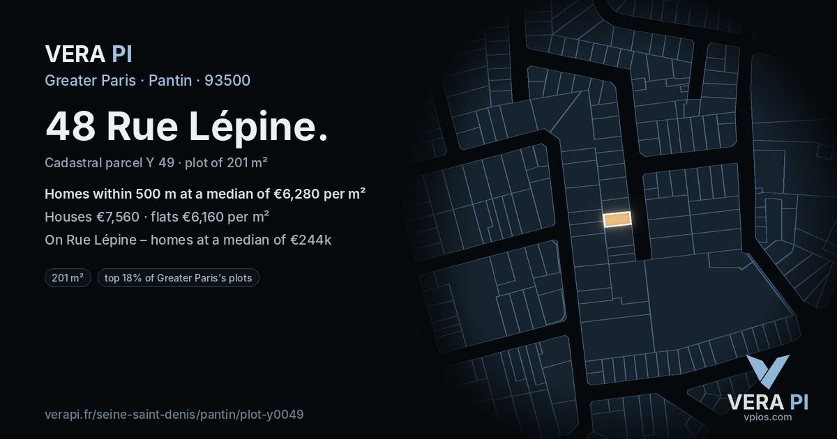 48 Rue Lépine, Pantin at night – the plot lit, the parcels around coloured by the prices near them