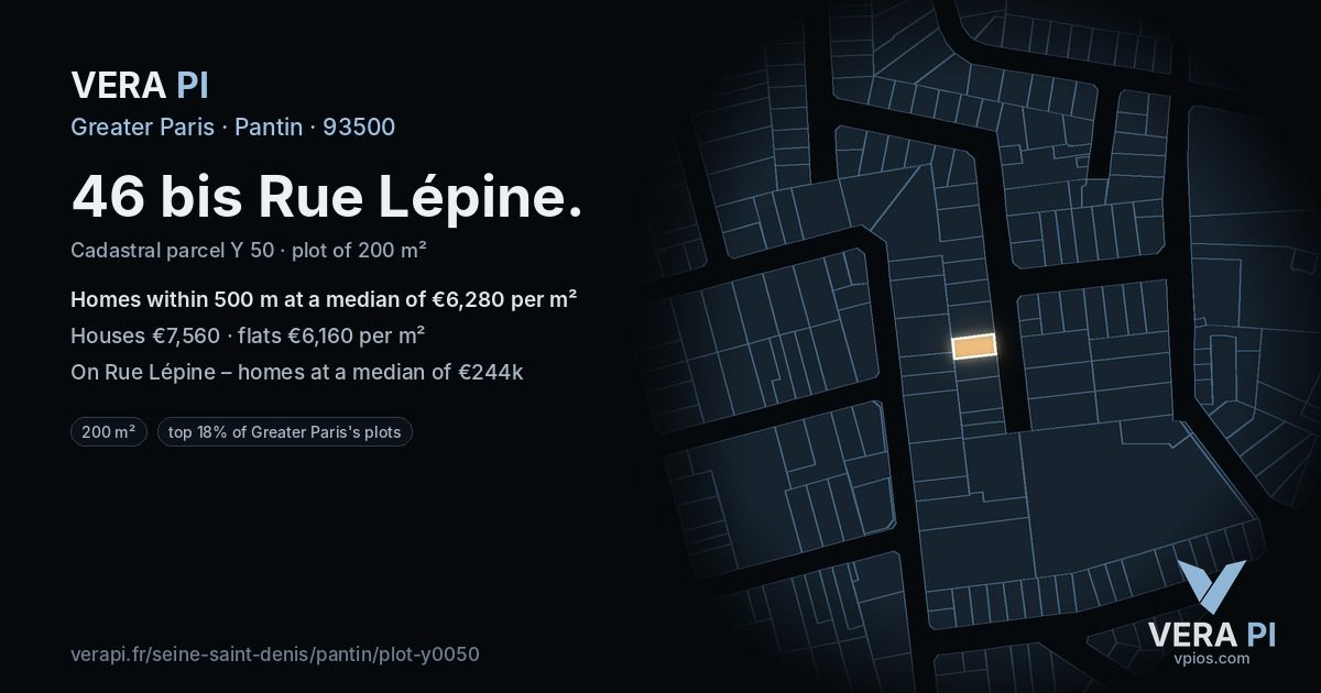 46 bis Rue Lépine, Pantin at night – the plot lit, the parcels around coloured by the prices near them