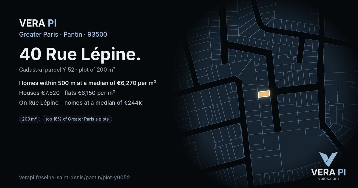 40 Rue Lépine, Pantin at night – the plot lit, the parcels around coloured by the prices near them