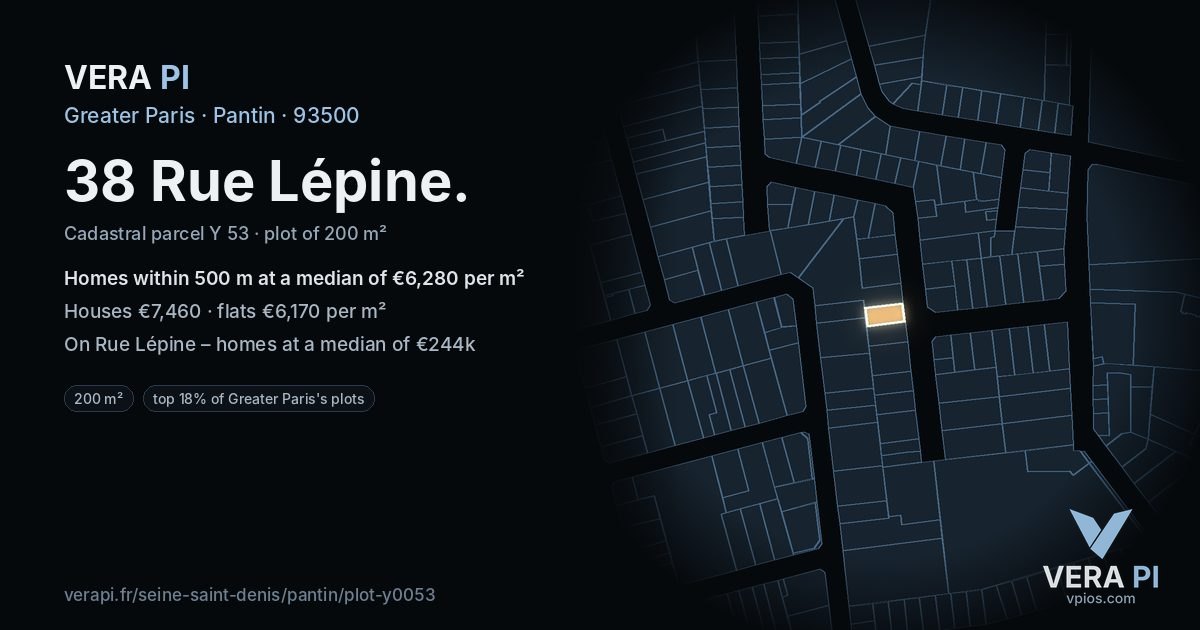 38 Rue Lépine, Pantin at night – the plot lit, the parcels around coloured by the prices near them