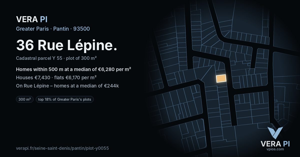 36 Rue Lépine, Pantin at night – the plot lit, the parcels around coloured by the prices near them