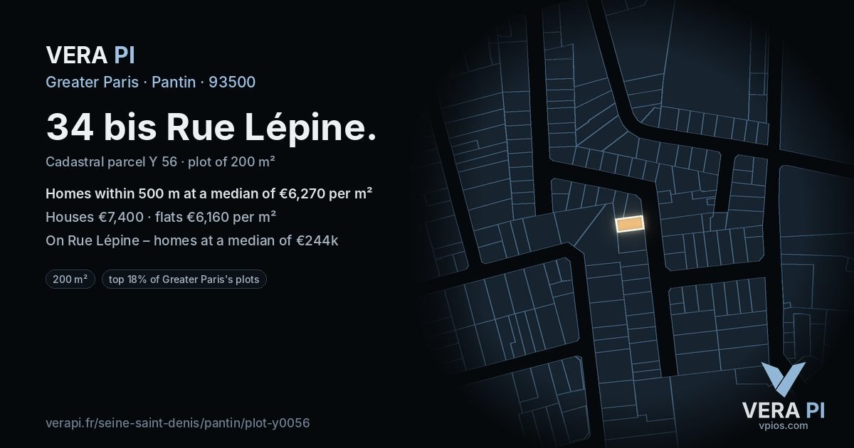 34 bis Rue Lépine, Pantin at night – the plot lit, the parcels around coloured by the prices near them