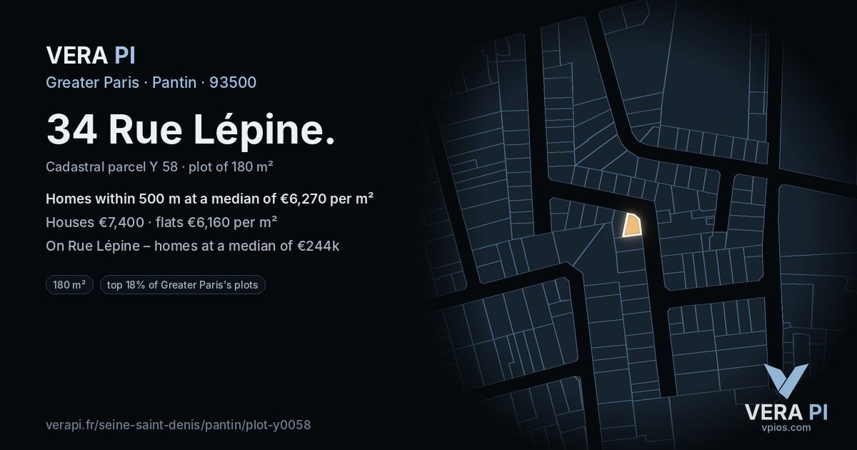 34 Rue Lépine, Pantin at night – the plot lit, the parcels around coloured by the prices near them