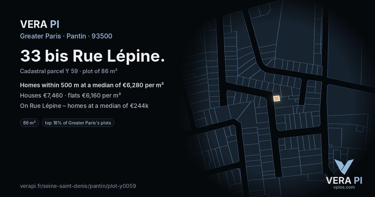 33 bis Rue Lépine, Pantin at night – the plot lit, the parcels around coloured by the prices near them