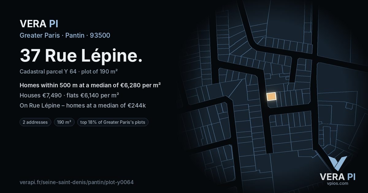 37 Rue Lépine, Pantin at night – the plot lit, the parcels around coloured by the prices near them