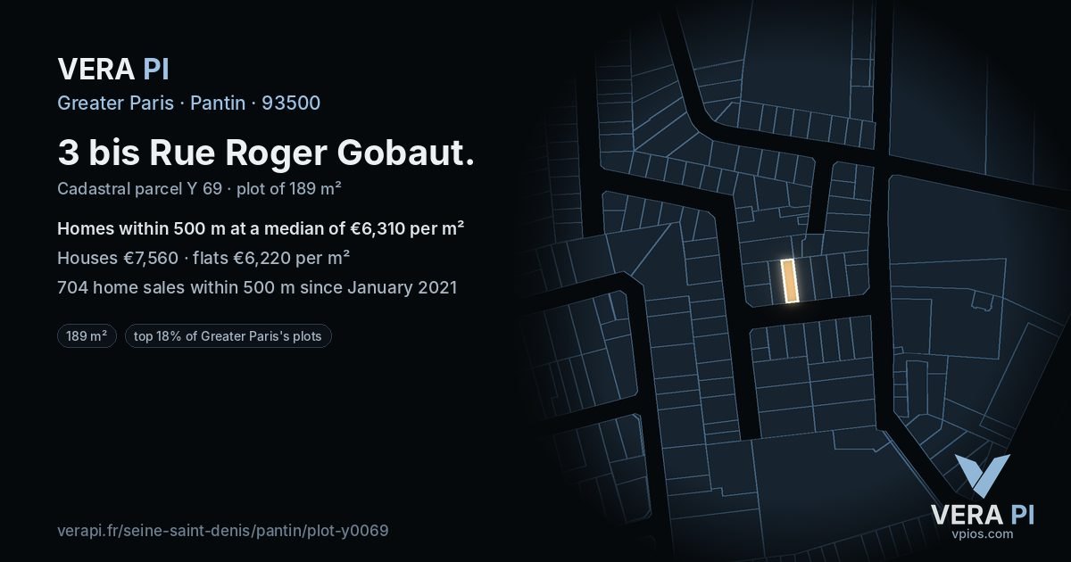 3 bis Rue Roger Gobaut, Pantin at night – the plot lit, the parcels around coloured by the prices near them