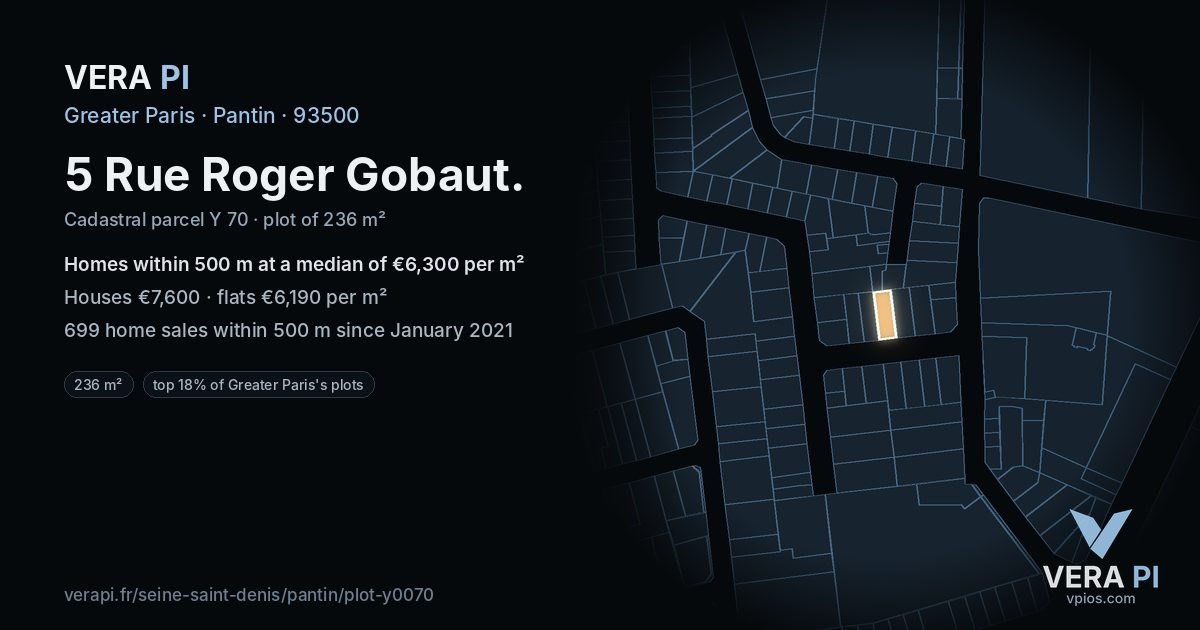 5 Rue Roger Gobaut, Pantin at night – the plot lit, the parcels around coloured by the prices near them