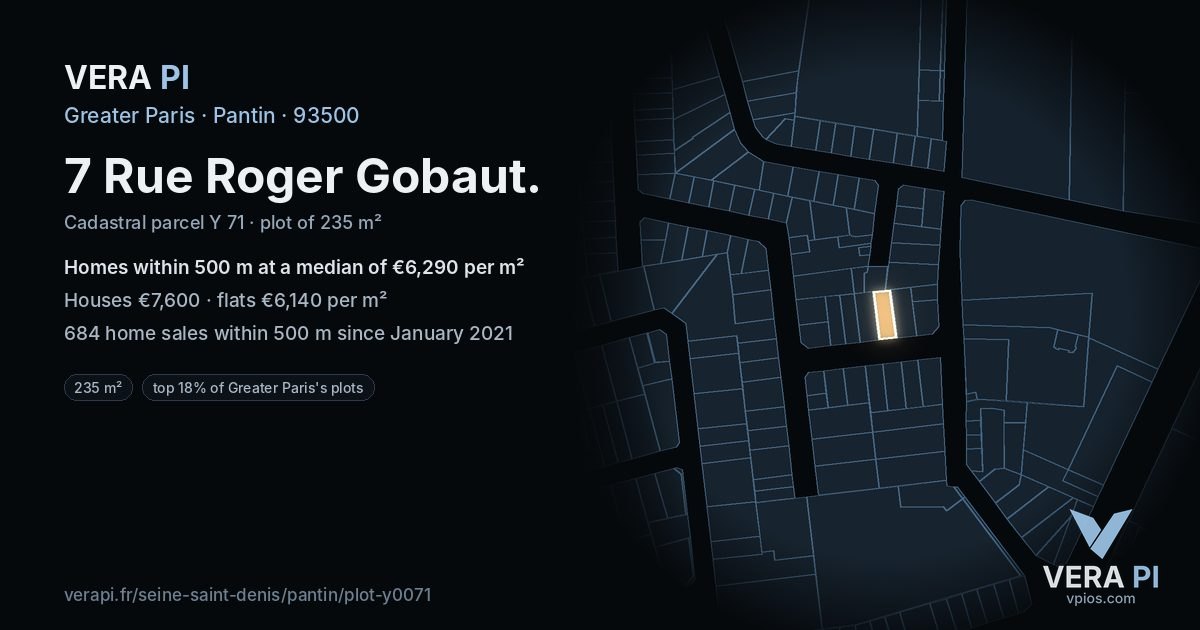 7 Rue Roger Gobaut, Pantin at night – the plot lit, the parcels around coloured by the prices near them