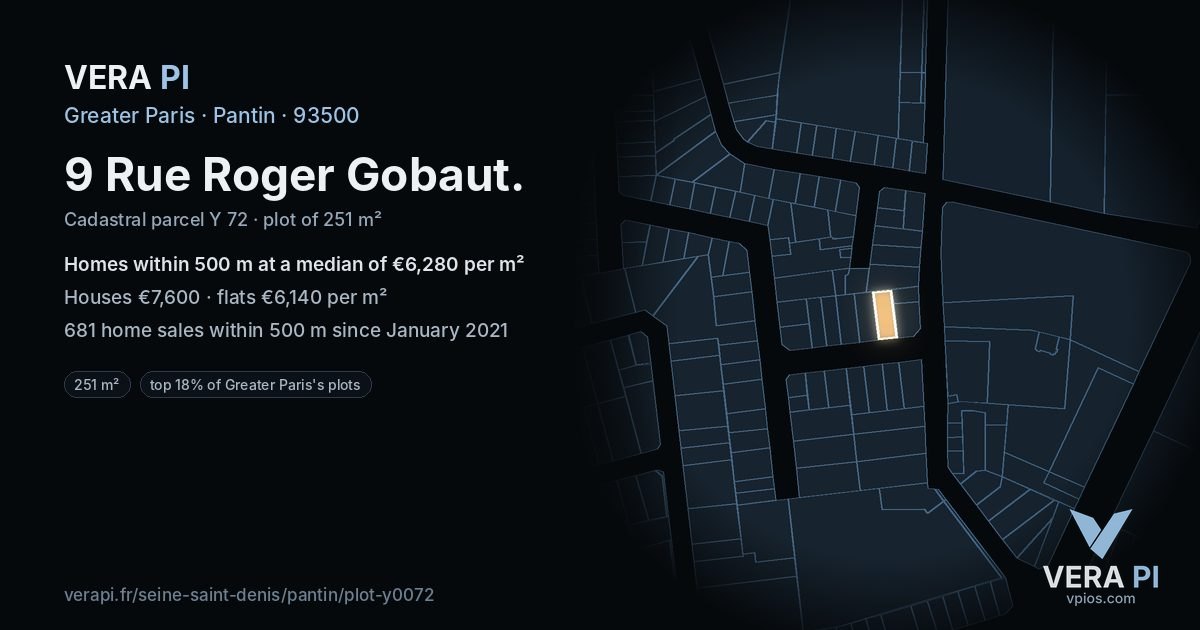 9 Rue Roger Gobaut, Pantin at night – the plot lit, the parcels around coloured by the prices near them