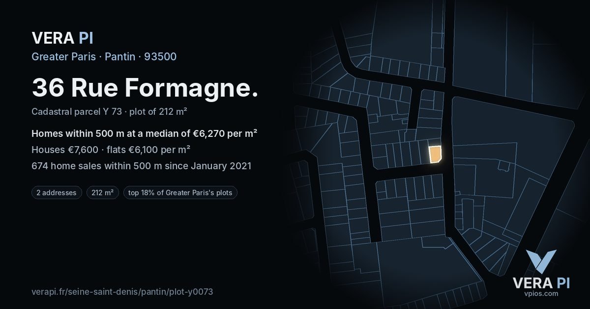 36 Rue Formagne, Pantin at night – the plot lit, the parcels around coloured by the prices near them