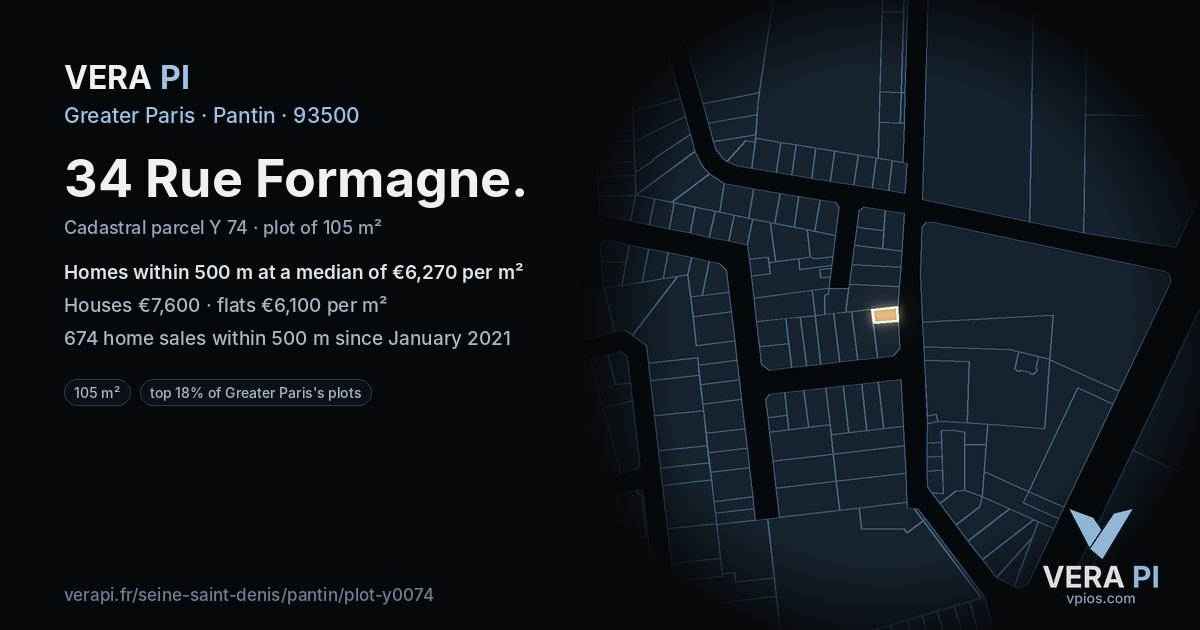 34 Rue Formagne, Pantin at night – the plot lit, the parcels around coloured by the prices near them
