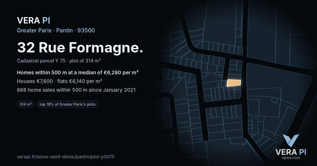 32 Rue Formagne, Pantin at night – the plot lit, the parcels around coloured by the prices near them