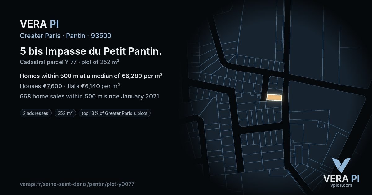 5 bis Impasse du Petit Pantin, Pantin at night – the plot lit, the parcels around coloured by the prices near them