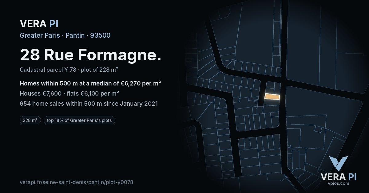 28 Rue Formagne, Pantin at night – the plot lit, the parcels around coloured by the prices near them