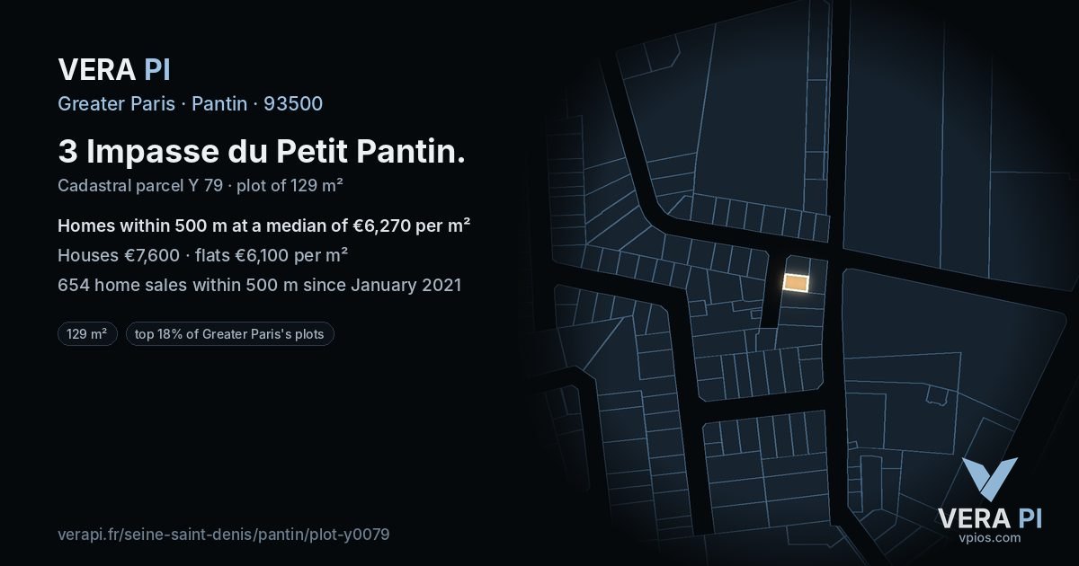 3 Impasse du Petit Pantin, Pantin at night – the plot lit, the parcels around coloured by the prices near them