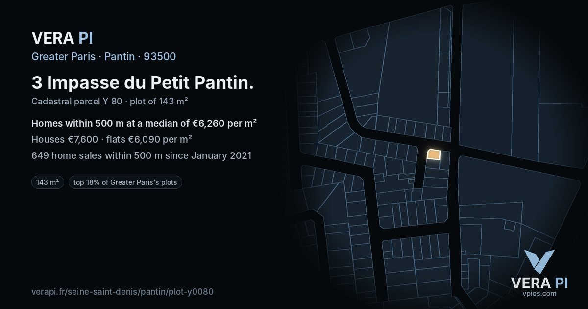 3 Impasse du Petit Pantin, Pantin at night – the plot lit, the parcels around coloured by the prices near them