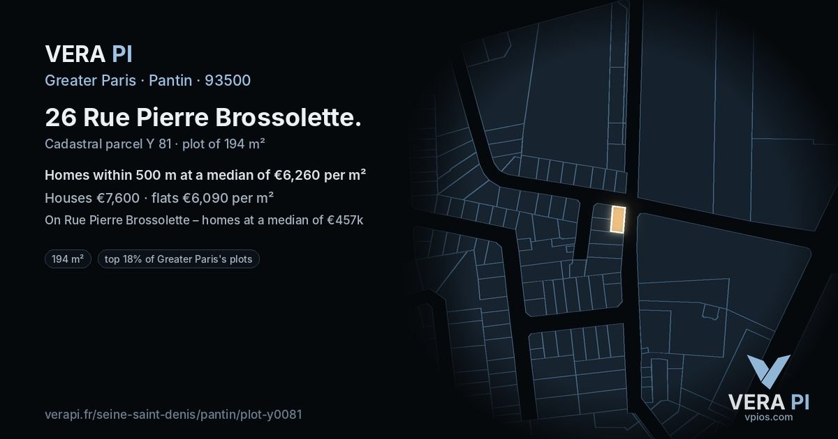 26 Rue Pierre Brossolette, Pantin at night – the plot lit, the parcels around coloured by the prices near them