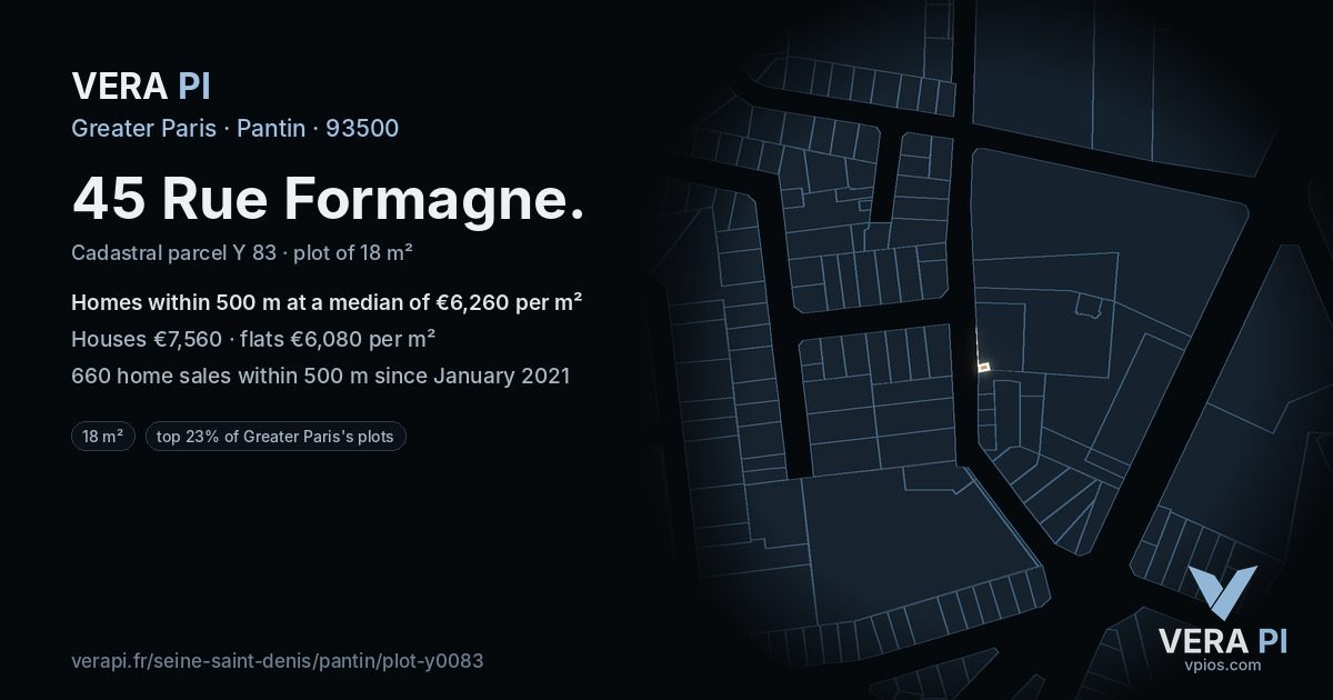 45 Rue Formagne, Pantin at night – the plot lit, the parcels around coloured by the prices near them