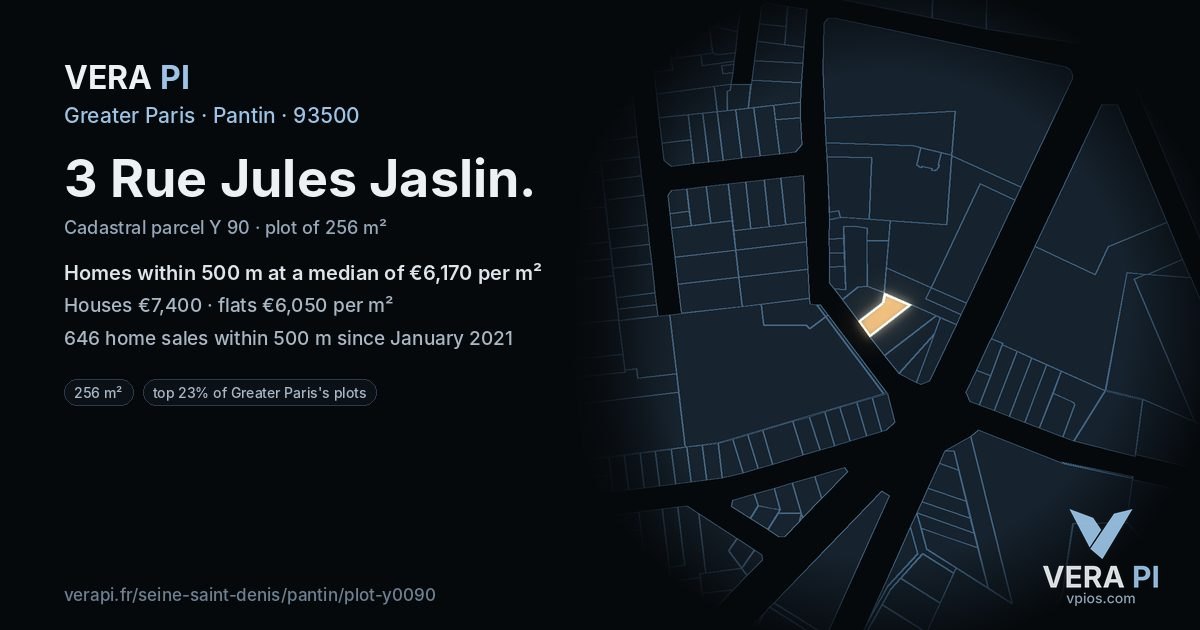 3 Rue Jules Jaslin, Pantin at night – the plot lit, the parcels around coloured by the prices near them