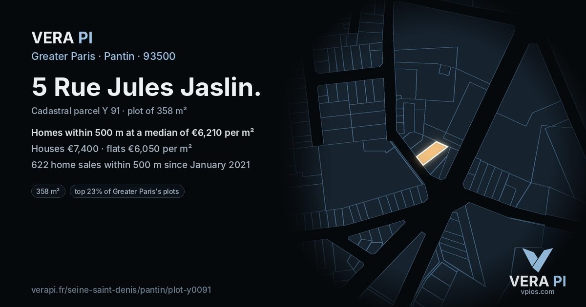 5 Rue Jules Jaslin, Pantin at night – the plot lit, the parcels around coloured by the prices near them