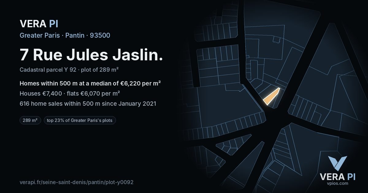 7 Rue Jules Jaslin, Pantin at night – the plot lit, the parcels around coloured by the prices near them
