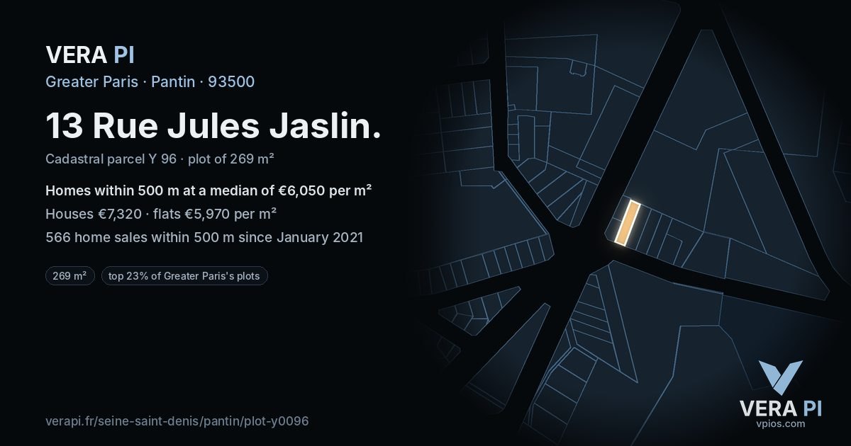 13 Rue Jules Jaslin, Pantin at night – the plot lit, the parcels around coloured by the prices near them