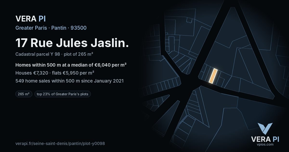 17 Rue Jules Jaslin, Pantin at night – the plot lit, the parcels around coloured by the prices near them